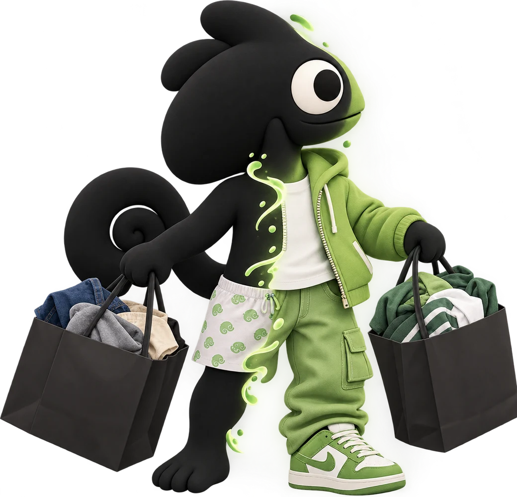 Mascote da prova.ai saindo da loja com sacolas de compras